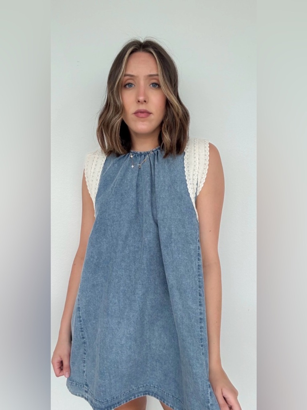 141. Very J Blue Denim Tunic Dress with Cream Crochet Sleeves